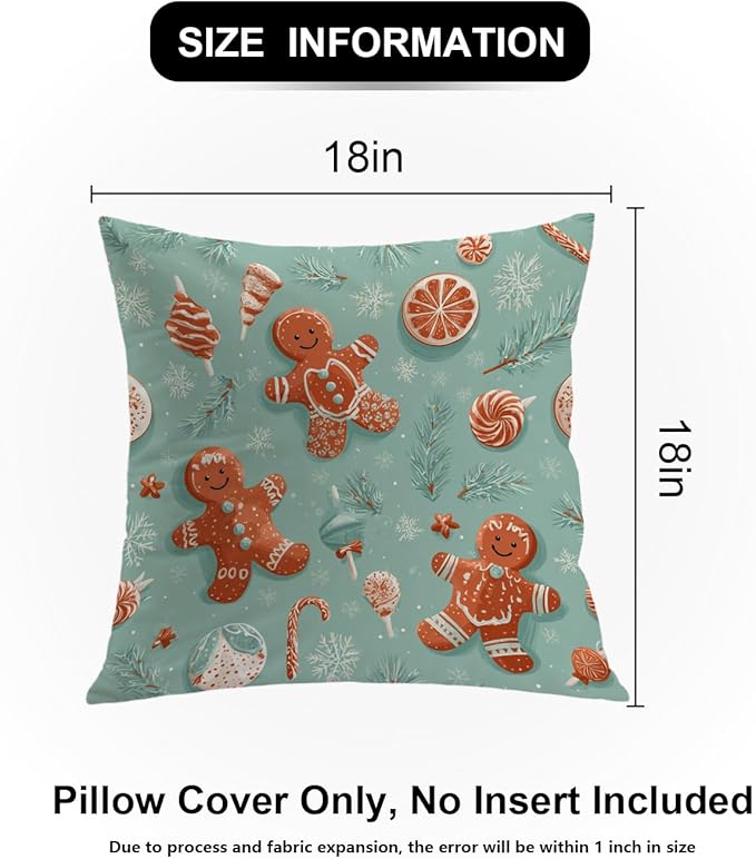 Shrahala Gingerbread Christmas Candy Decorative Couch Cover, Retro Christmas Candy Pattern Square Throw Pillows Blended Double-Sided No Inserts for Bedroom Living Room Set of 2 (18 x 18 in)