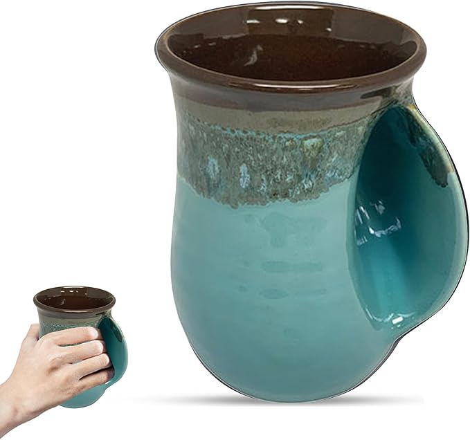 Clay in Motion Hand Warmer Coffee Mug – Handmade Coffee Mug With Comfortable Handle Contoured Pocket Hand Warming Ceramic Coffee Mug – Proudly Made in USA – Right Handed – 14 Oz - Ocean Tide
