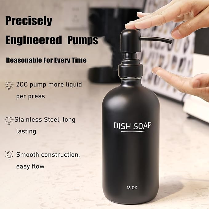 Black Glass Soap Dispenser with Stainless Steel Pump, Farmhouse Style Hand & Dish Soap Dispenser for Bathroom and Kitchen Sink, Soap Dispenser for Kitchen Sink (Black Pump d)