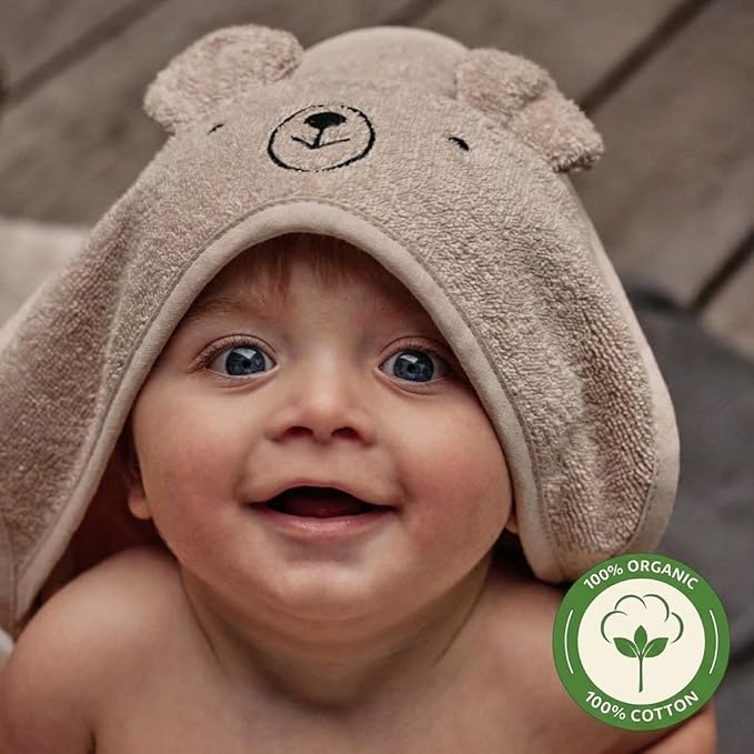 Hooded Baby Towel – 100% Organic Cotton Baby Bath Towels – Baby Boy and Girl Newborn Essentials - Super-Soft and Absorbent. (Bear Fog)