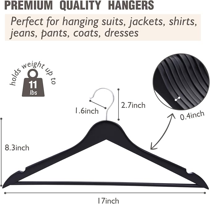 Solid Wooden Hangers 20 Pack, Wood Suit Hangers with Extra Smooth Finish, Precisely Cut Notches and Chrome Swivel Hook, Wooden Clothes Hangers for Shirt Coat Jacket Dress, Black
