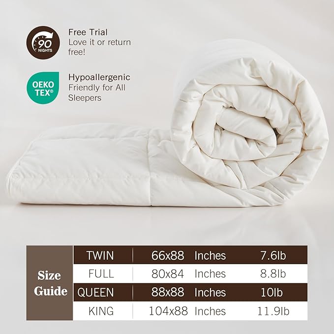 Hybrid Australian Wool Comforter Full Size with 100% Organic Cotton, Hypoallergenic Luxury Duvet Insert with Tabs, Temperature Regulating All-Season Bedding, White