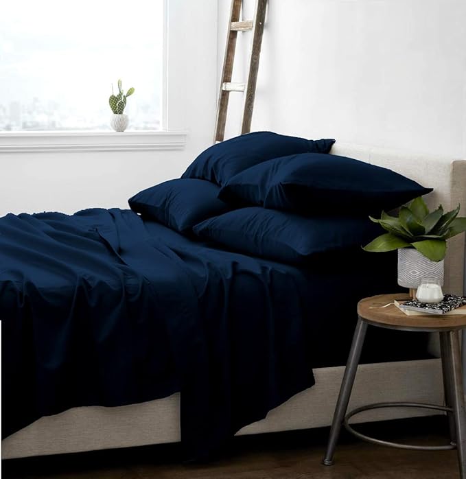 Femini Fashion 100% Organic Cotton Bed Sheets 800-Thread-Count, 16-Inch Deep-Pocket, Luxury Breathable Crisp 4-Piece Bed Sheet Set (1 Flat Sheet, 1 Fitted Sheet, 2 Pillowcases) - Queen-XL, Navy Blue