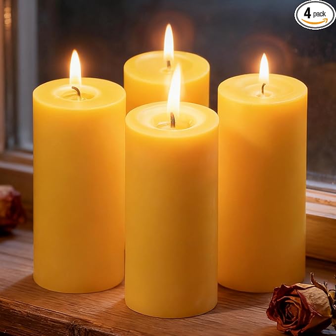 Beeswax Pillar Candles 4 Packs,100% Bees Wax Candles for Home-140 Hours Long Burning for Emergency, Natural Beeswax Candle Bulk for Relax, Pure,Smokeless & Dripless