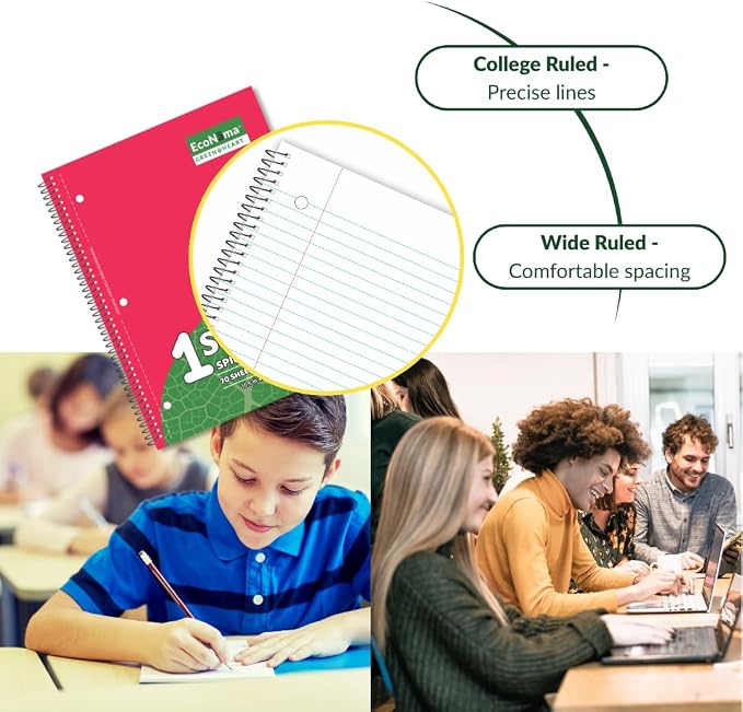 Subject Book Spiral Notebook Pack of 48 College Ruled 140 Pages (70 Sheets) 8" × 10.5" Perforated Carbon Neutral 3-Hole Back to School 2026 Punched Eco-Friendly School & Office Supply Assorted Colors