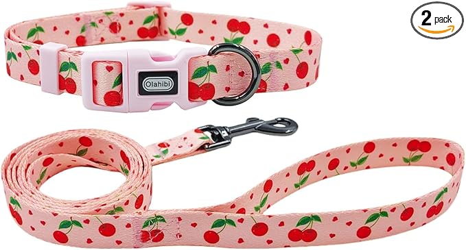 Dog Collar Leash Set, Fruit Pattern, Polyester Material, Adjustable Collar and 5ft Matching Leash, for Medium Dogs.(M, Pink Cherry)