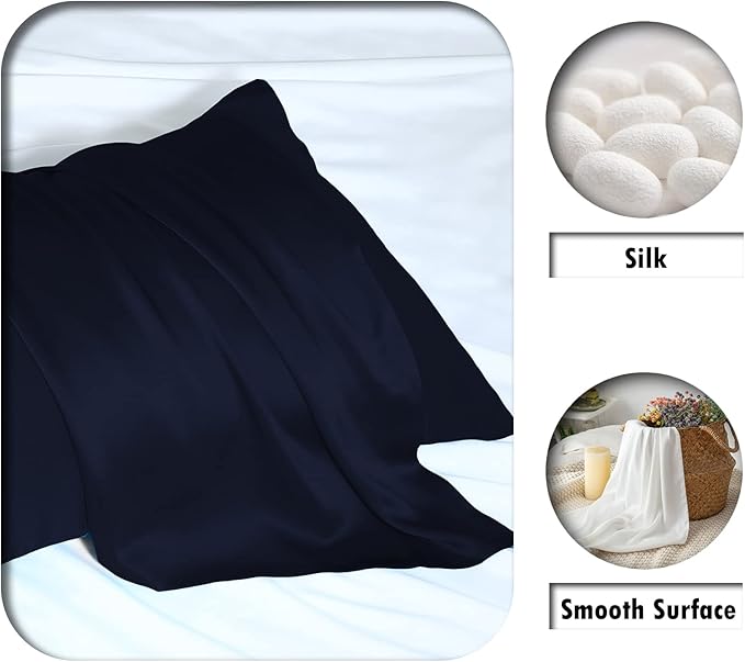 Natural Mulberry Silk Pillowcase for Hair and Skin Queen Size 20"X30" Pillow Case with Hidden Zipper Soft Breathable Smooth Cooling Silk Pillow Covers for Sleeping (Navy Blue,Queen,1Pcs)