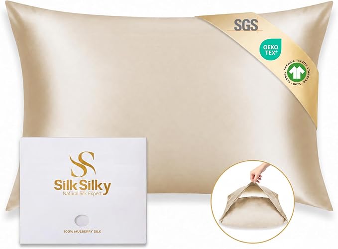 SilkSilky 100% Mulberry Silk Pillowcase - Pure 22 Momme High-Grade 6A Fibers for Hair & Skin, Envelope Closure, Natural, Organic, Breathable & Cooling Pillow Case (Standard, Beige)