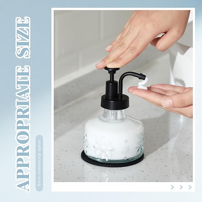 Tioncy 2 Pcs Antique Soap Dispenser Kitchen Bathroom Countertop Glass Soap Pump Dispenser Refillable Rustic Small Liquid Container with Non Slip Silicone Coaster(Clear)