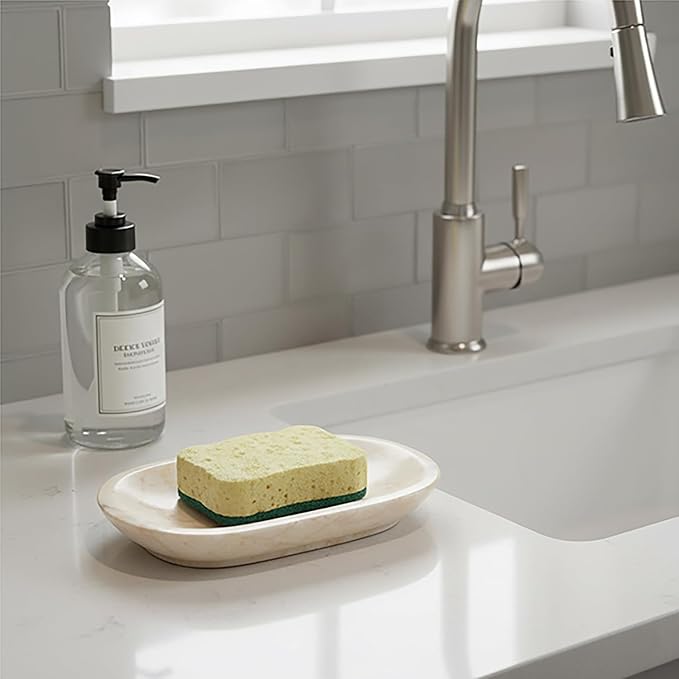 Creative Home Natural Champagne Marble Soap Dish for Bar Soap, Compact Beige Stone Soap Holder for Bathroom Sink and Shower Shelf, Solid Marble, 5.8 x 3.8 x 0.9 in
