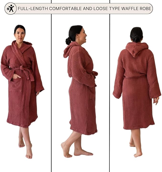 Unisex Hooded Waffle Robe for Women & Men 100% Turkish Cotton | Quick-Dry Bathrobe | Cozy Housecoat for Lounging