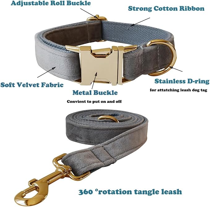Love Dream Velvet Dog Collar and Leash Set, Soft & Comfy Adjustable Dog Leash and Collar with Heavy Duty Metal Buckle for Small Medium Large Dogs Training & Walking (Medium, Grey)