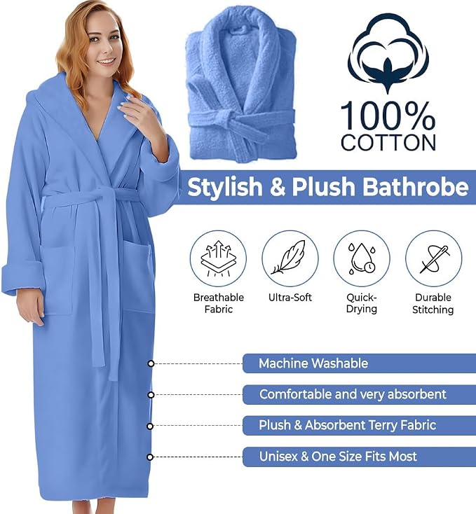 KAHAF COLLECTION Cotton Terry Robes for Women and Men, Terry Shawl Collar Bathrobe, ONE SIZE - UNISEX Men & Women Spa Robe
