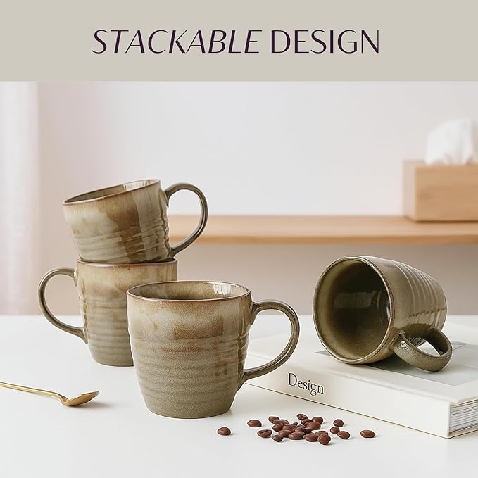 Ava Nord 14 oz Coffee Mugs Set of 4, Ceramic Coffee Mugs with Handle – Reactive Glaze Stoneware Coffee Mug Set for Tea, Latte, Cappuccino, Cocoa, Hot Chocolate – Microwave & Dishwasher Safe - Green