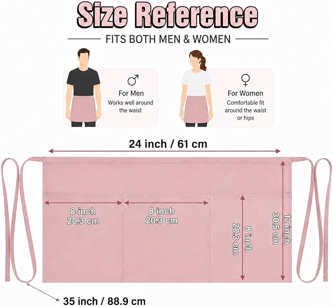Waist Apron with 3 Pockets Waterdrop Resistant Premium Cotton Waitress Apron Server Apron Chef Apron (BLUSH PINK, PACK OF 1)