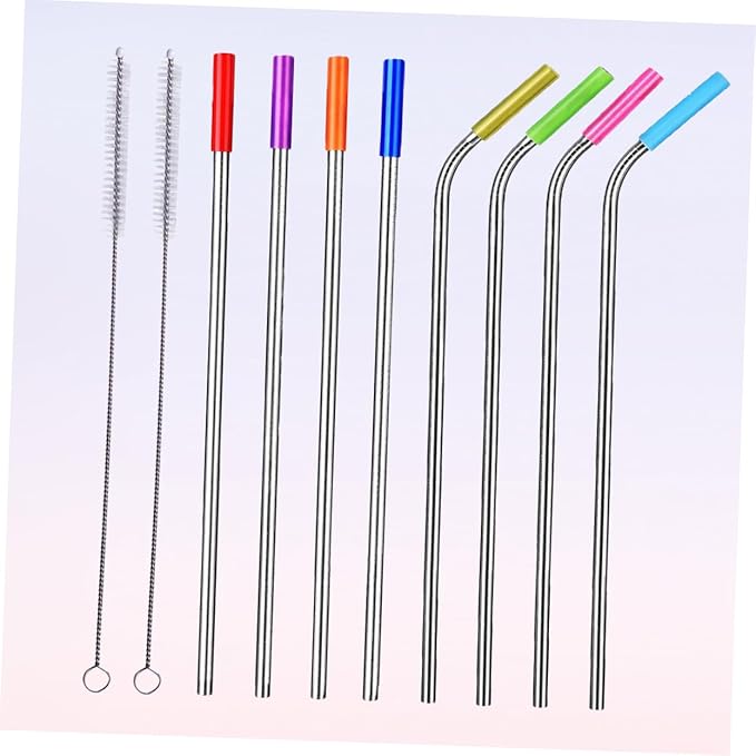 304 Stainless Steel Reusable Drinking Straws Set 8pcs Curved and Straight Straws with Food-Grade Silicone Tips Includes Cleaning Brush for Smoothies and Bubble Tea