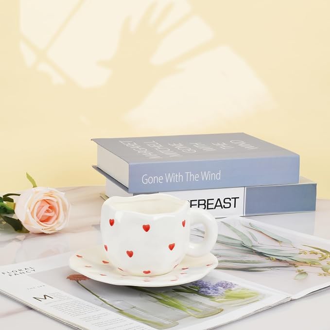 Koythin Ceramic Coffee Mug with Saucer, Cute Red Heart Cup for Women for Office and Home, Couple Cups for Girlfriends, 10 oz/300 ml for Latte Tea Milk (Small Red Heart)