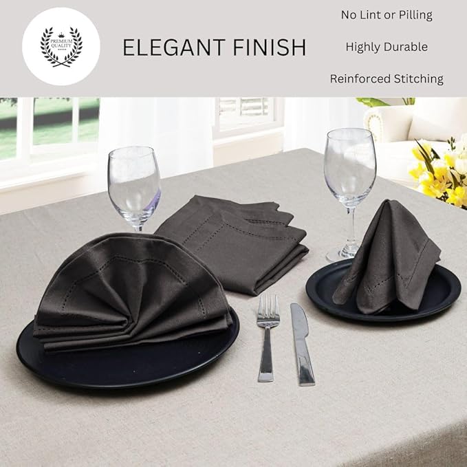 Hemstitch Cloth Dinner Napkins 100% Cotton Set of 6 - for Dining Special Occasions Weddings Parties Holidays Easter - Soft Durable Washable - 18x18 Inch Table Cloth Napkins Charcoal Grey