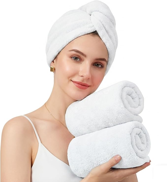 Mandydov 100% Cotton Hair Towel Wrap for Women, 2 Pack Thickened & Super Absorbent Turbans, Anti Frizz Quick Dry Hair Towels (White)
