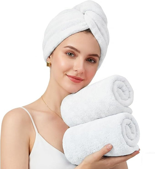 Mandydov 100% Cotton Hair Towel Wrap for Women, 2 Pack Thickened & Super Absorbent Turbans, Anti Frizz Quick Dry Hair Towels (White)