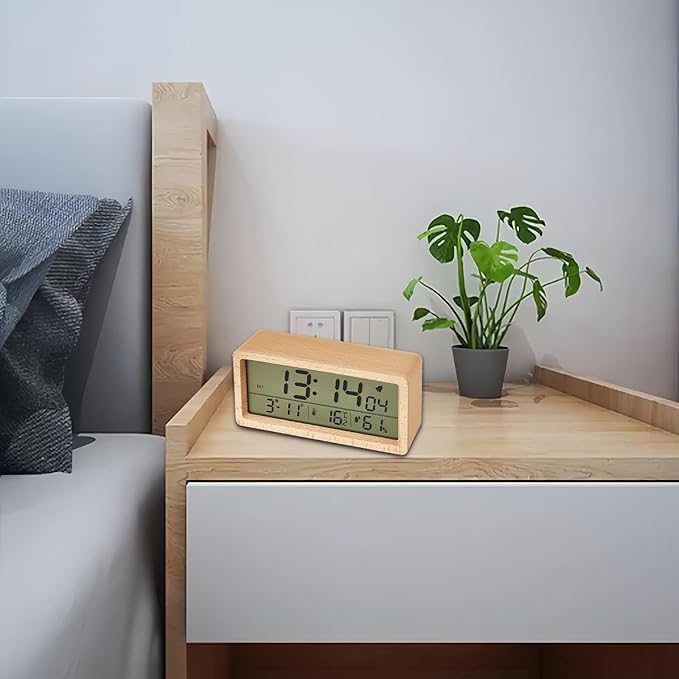 Electronic Wooden Alarm Clock with LCD Large Display Temperature Humidity Soft Nightlight Date Week 12/24 Hour Switch Snooze Mode Easy to Use for Students Office