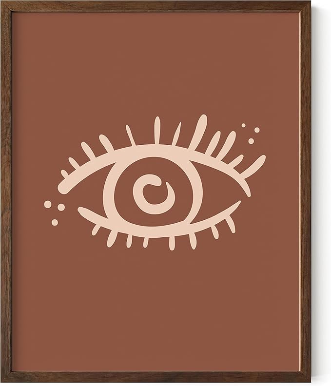 Mystical Evil Eye Wall Art Nazar Protection Symbol Earth Tones Terracotta Mid Century Modern 16x20 Inch Oak Wood Walnut Framed Boho Spiritual Decor Print for Home