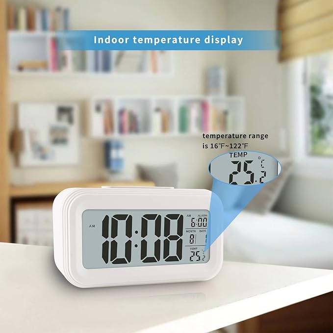 Digital Alarm Clock with Indoor Temperature, Large LED Display, 12/24H, Snooze Mode, Battery Operated Bedside Clock for Bedroom, Heavy Sleepers & Kids