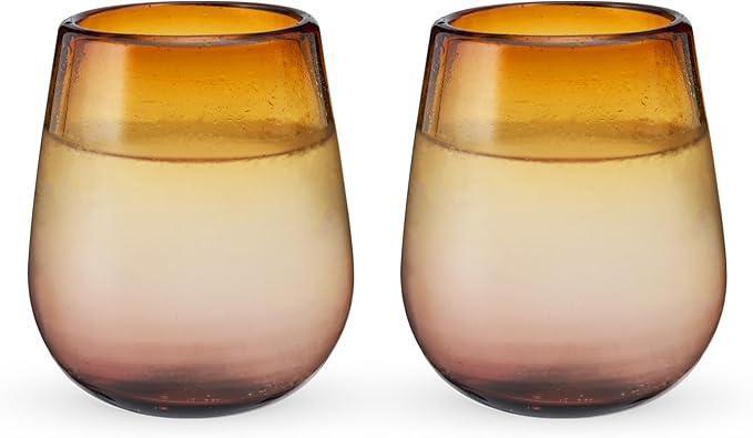 Twine El Ocaso Hand Blown Wine Glasses, Recycled Mexican Glassware with Sunset Inspired Yellow and Purple Gradient, Stemless Drinking Glasses for Wedding Gifts, Wine Lovers, 13 oz Set of 2
