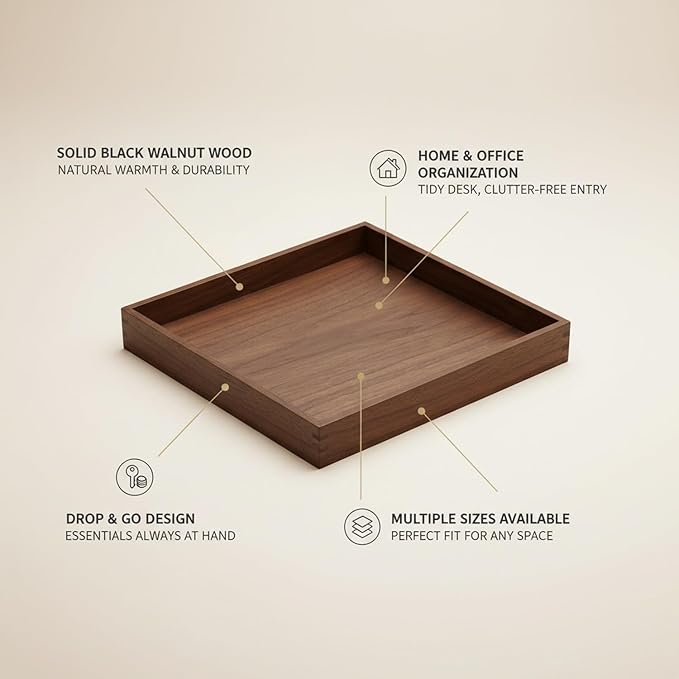 Solid Black Walnut Wood Desk Organizer Tray for Office, Entryway, and Home Storage