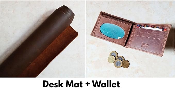 Premium Full Grain Genuine Leather Desk Mat Large with Leather Wallet, Rustic Brown, 32L x 16W inch