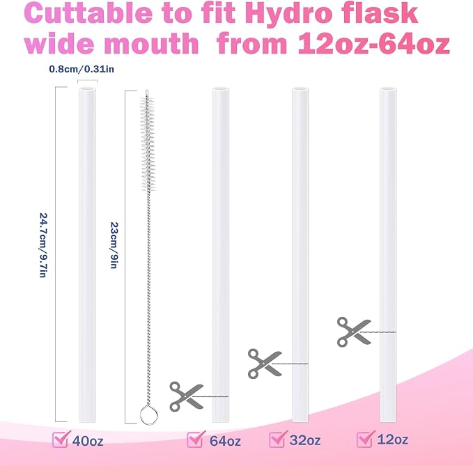 LUCKINEE Replacement Straws for Hydro Flask Wide Mouth 16-64 oz, 6 Pack Plastic Reusable Straws with 2 Straw Cleaner Brushes for Hydro Flask Accessories