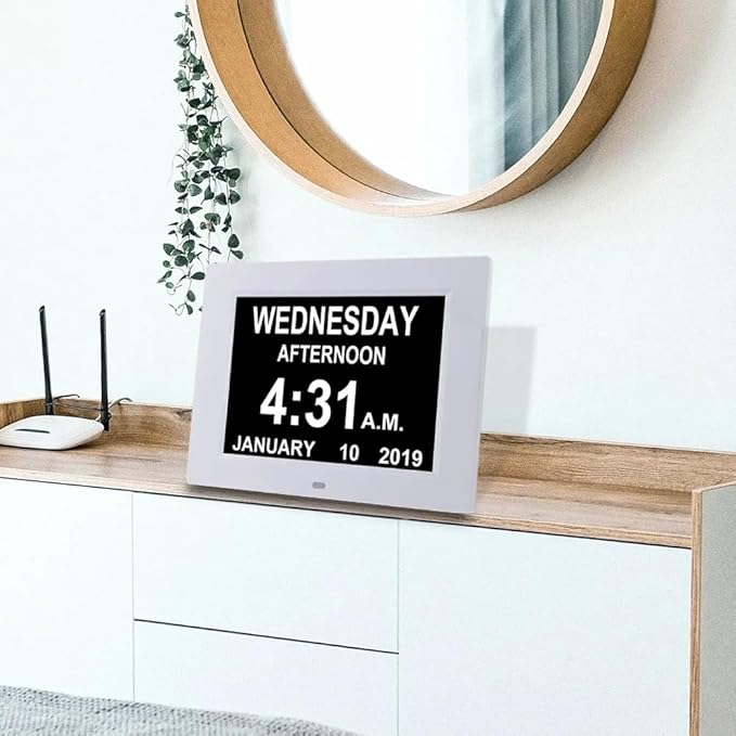 Digital Calendar Date Multi Alarm Clock 8 inch Large Display Auto-Dimming Electic Desk Table Wall Mount Office, Home, Kitchen, Room, School, Bedroom, Living Room (White)