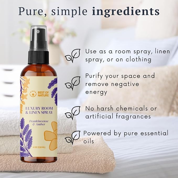 Best of Nature Luxury Room & Linen Spray – All-Natural Essential Oil Air Freshener for Home, Bedroom, Bathroom & Linens – Plant-Based, Family-Safe, Relaxing Aromatherapy Mist (Frankincense & Amber)