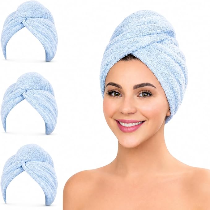 KELVO Microfiber Hair Towel Wrap for Women - Pack of 3, 350 GSM Super Absorbent Quick Dry Hair Turban, Anti-Frizz Head Wrap for Curly, Long & Thick Hair, Soft Hair Drying Towel (Blue Solid)