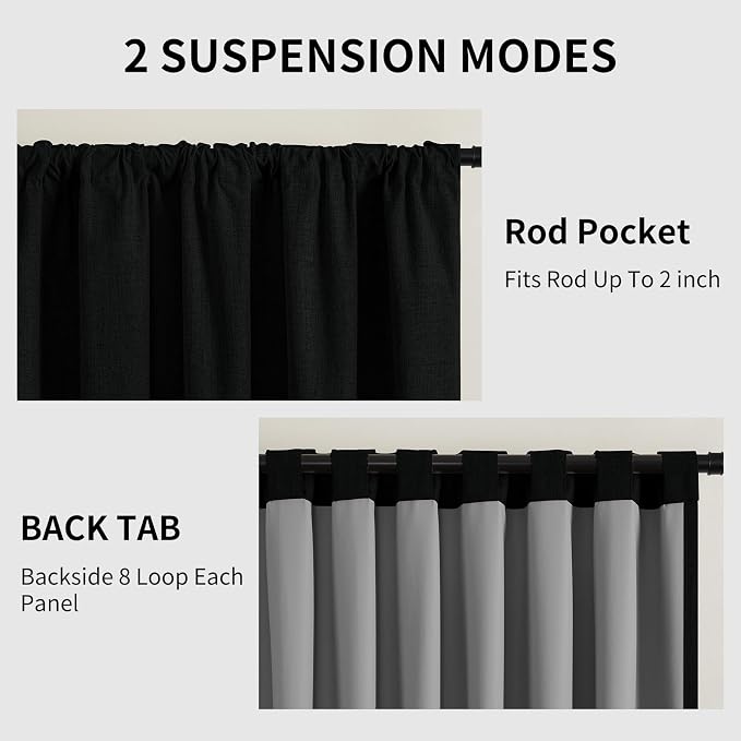 CUCRAF Linen 100% Blackout Curtains 90 Inch Length 2 Panels Set, Back Tab and Rod Pocket Curtain for Living Room Bedroom, Room Darkening Window Drapes Thermal Insulated, (52x90 inch, Black)