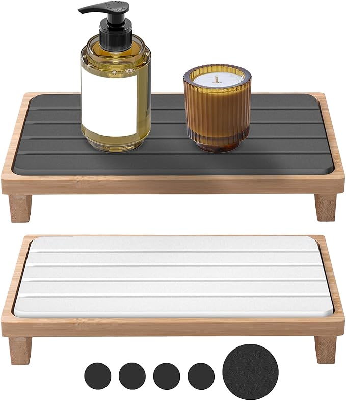 2PCS Water Absorbing Drying Tray with Wooden Base Stone Diatomaceous Stone Soap Dish Holder Quick Dry Sink Organizer for Kitchen Bathroom(White & Gray)