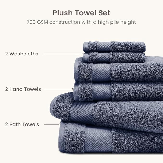 BIOWEAVES 100% Organic Cotton 6-Piece Luxury Bathroom Towels Set GOTS Certified 700 GSM, 2 Bath Towels, 2 Hand Towels & 2 Wash Cloths - Mineral