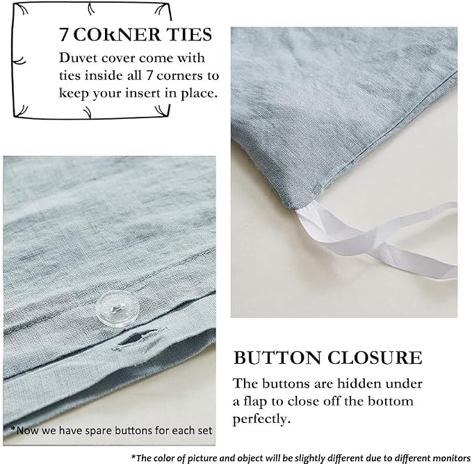 Simple&Opulence 100% French Flax Linen Duvet Cover Set with Embroidery Washed - 3 Pieces (1 Duvet Cover with 2 Pillow Shams) with Button Closure Soft Breathable Farmhouse - Dusty Blue, King Size