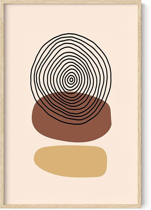 Boho Abstract Wall Art Minimalist Stacked Stones Circles Earth Tones Terracotta Mid Century Modern 24x36 Inch Oak Wood Beige Framed Zen Meditation Print for Living Room Office Decor