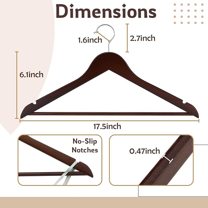 Solid Wooden Hangers, 30 Pack Walnut Slim Wood Hangers with Extra Smooth Finish, Precisely Cut Notches and Chrome Swivel Hook, Wooden Clothes Hangers for Shirt Suit Jacket Dress