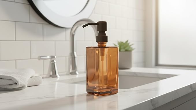13.5 Oz Coffee Glass Soap Dispenser with Rust Proof Stainless Steel Pump, Antique Design Refillable Square Lotion Dispenser for Bathroom, Premium Kitchen Hand Soap (Oil Rubbed Bronze)