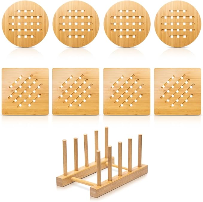 Bamboo Trivet Kitchen Bamboo Hot Pads Mat Set for Hot Dishes/Bowl/Teapot/Hot Pot Holders (Large 20 cm 8pack)