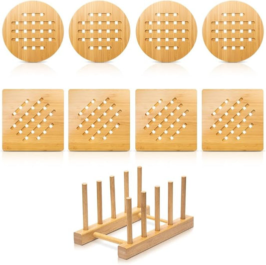 Bamboo Trivet Kitchen Bamboo Hot Pads Mat Set for Hot Dishes/Bowl/Teapot/Hot Pot Holders (Large 20 cm 8pack)