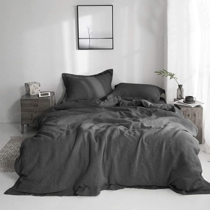 Simple&Opulence 100% Linen Duvet Cover Set with Embroidery Border Washed - 3 Pieces (1 Duvet Cover with 2 Pillow Shams) with Button Closure Soft Breathable Farmhouse - Dark Grey, Full Size