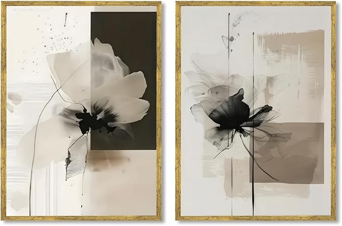 Minimalist Abstract Floral Wall Art Prints Set of 2 Neutral Beige Black Flower Canvas Painting Poster Trendy Botanical Picture for Gallery Modern Japandi Boho Home Decor 24x36inch Gold Framed