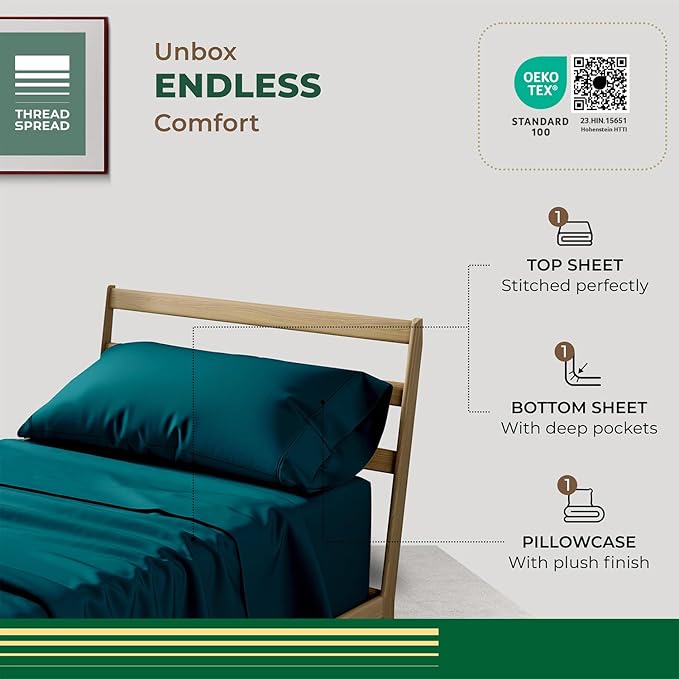 THREAD SPREAD 100% Organic Cotton Sheets Twin Size - 3 PC Organic Cotton Twin Size Percale Weave Sheet Set, Soft, Cooling, Crisp & Breathable, 16" Deep Pocket Bedding Set for Dorm Room - Teal