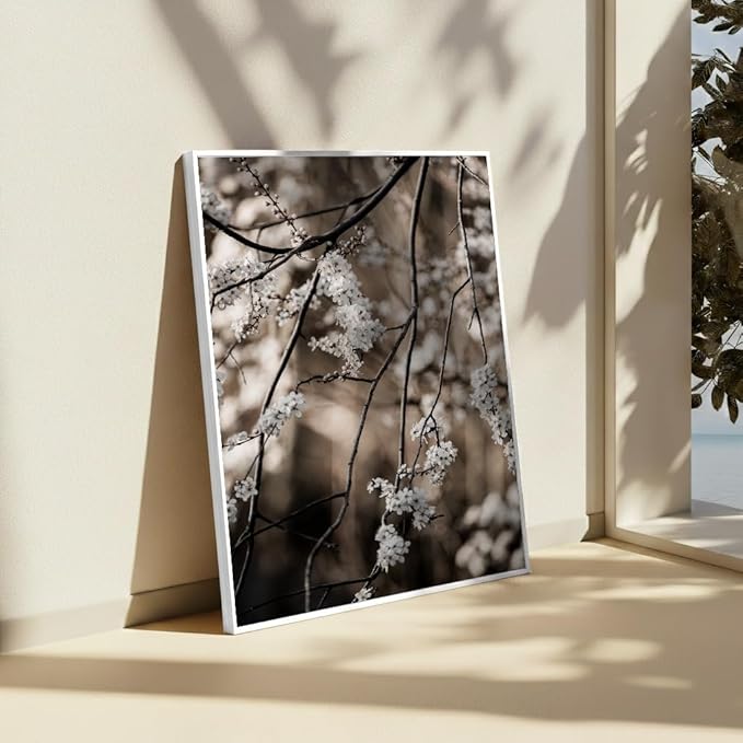 Monem Art Cherry Blossom Branch Photography Print - Moody Botanical Nature Art Poster - Wall Decor for Living Room, Bedroom or Office - 16x20 White Framed CANVAS Wall Art by Mareike Bohmer