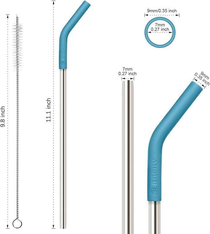 Senneny Set of 5 Stainless Steel Straws with Silicone Flex Tips Elbows Cover, 2 Cleaning Brushes and 1 Portable Bag Included (Silver)- 8mm diameter