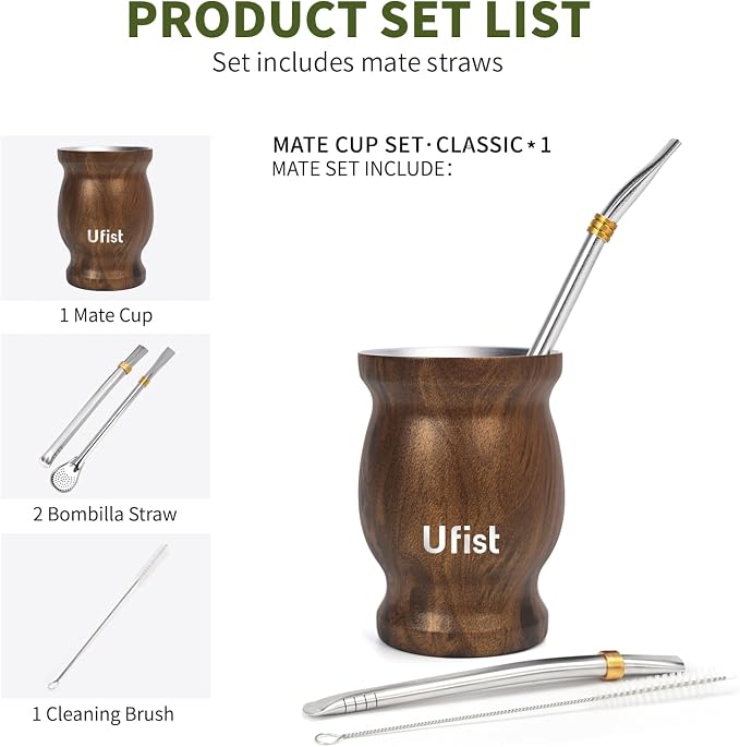 8.4oz Classic Argentina Yerba Mate Cup and Bombilla Set, Includes Stainless Steel Mate Gourd, 2pcs Bombilla Straws and Clean Brush (Wood Grain)