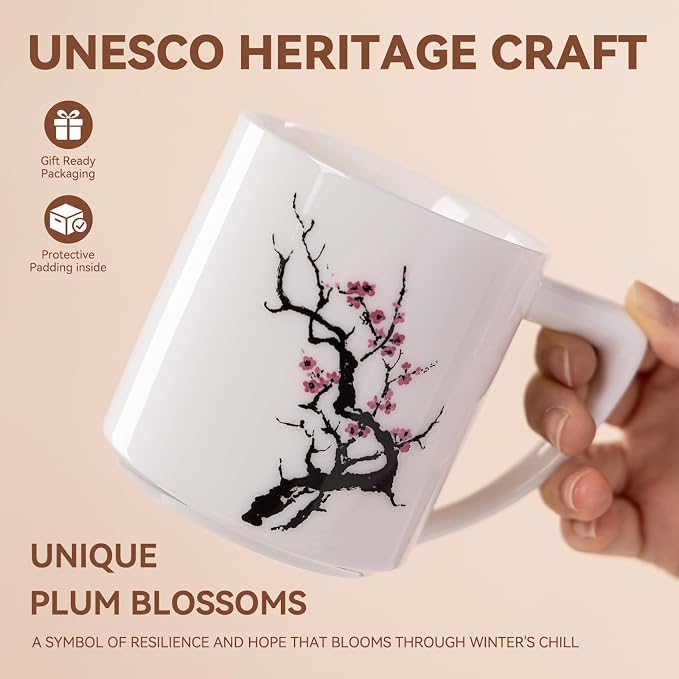 15oz Ceramic Coffee Mug with Plum Blossom Design – Unique Handcrafted Ceramic Mug for Coffee & Tea, Microwave & Dishwasher Safe, Elegant Coffee Cup Gift for Her or Yourself